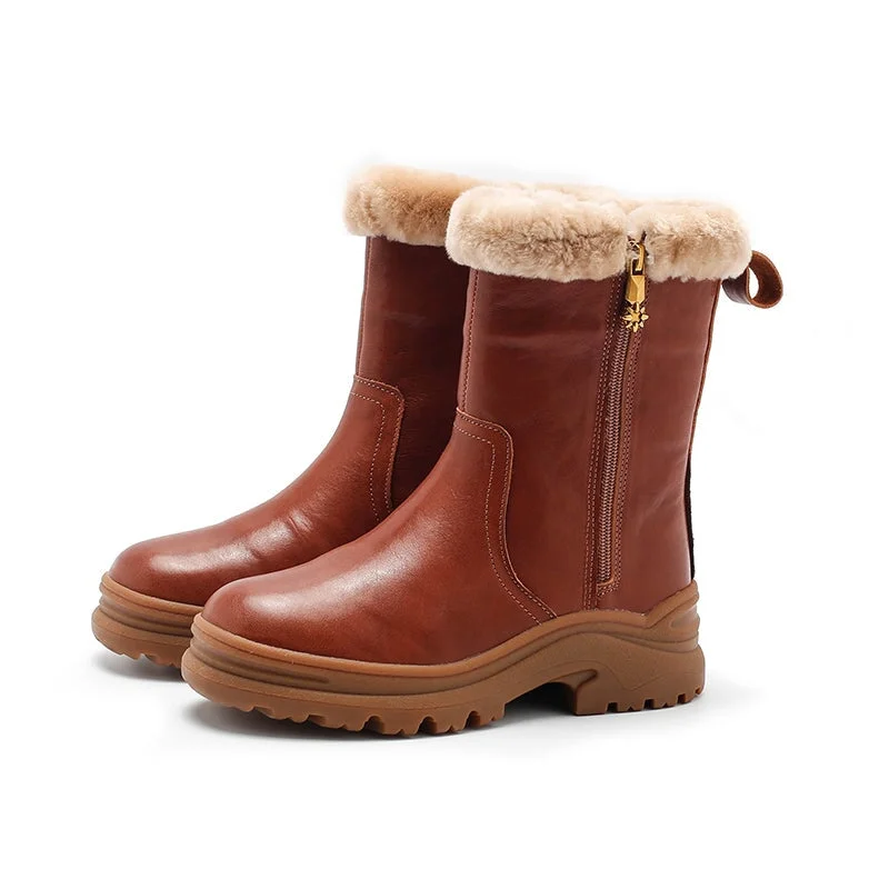 Leather Short Boots Snow Boots Shearling Lined for Cold Winter 