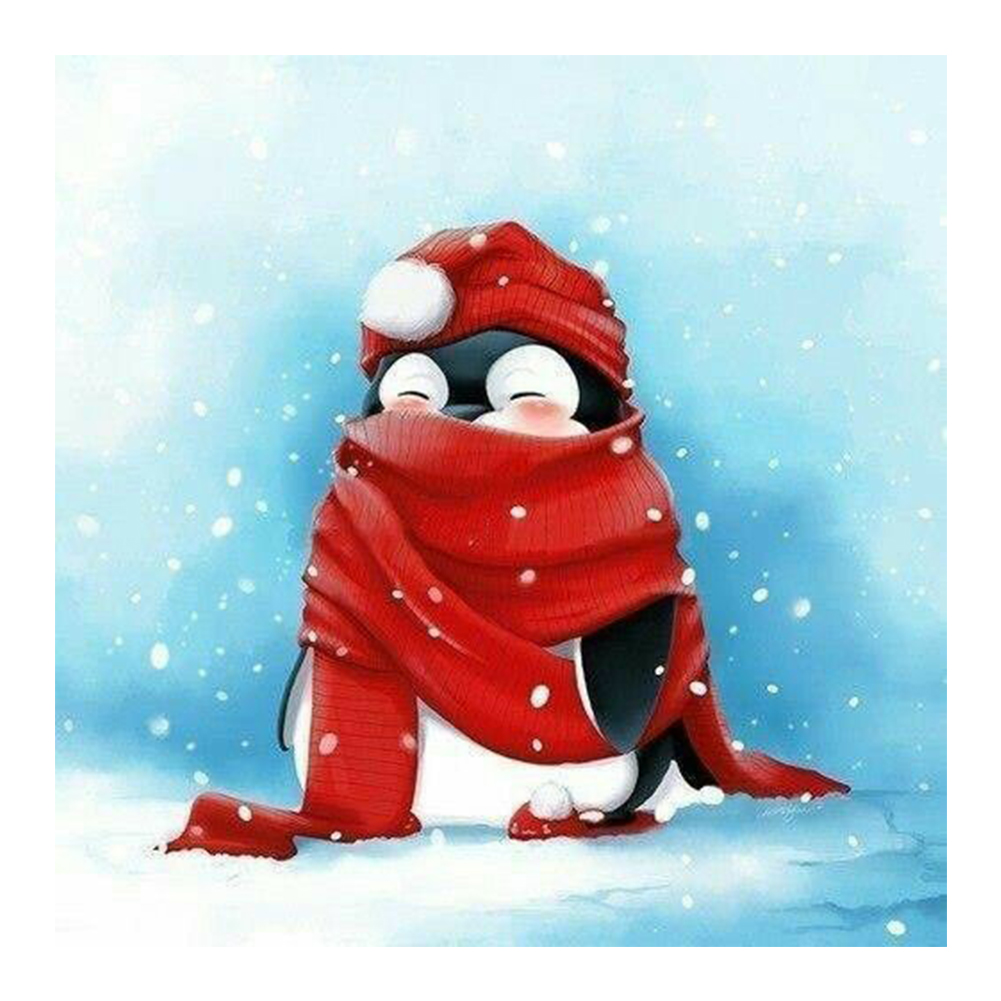 Penguin with Red Scarf-Paint by Numbers-8"x8"/20x20cm