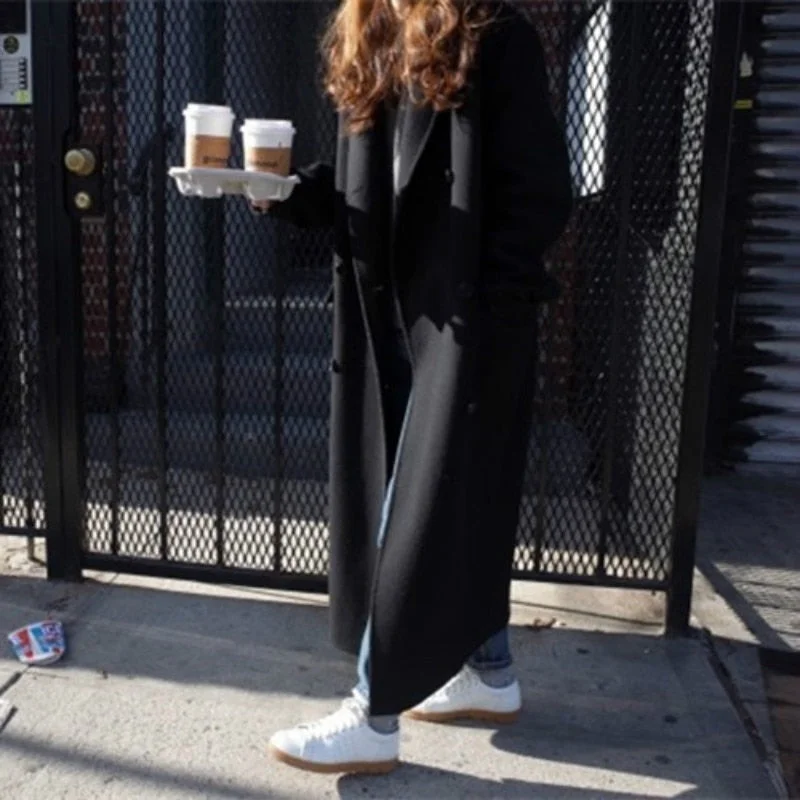 2021 Korea Women Autumn Winter Double Breasted Long Wool Coat Ladies Long Sleeve Notched Collar Overcoat Parka Jacket Vintage
