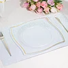10 Pack | 8" Clear / Gold Wavy Rim Modern Square Plastic Dessert Plates, Disposable Salad Appetizer Party Plates