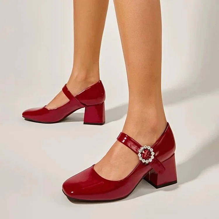 Red Patent Leather Square Toe Rhinestone Buckle Mary Jane Pumps |FSJ Shoes