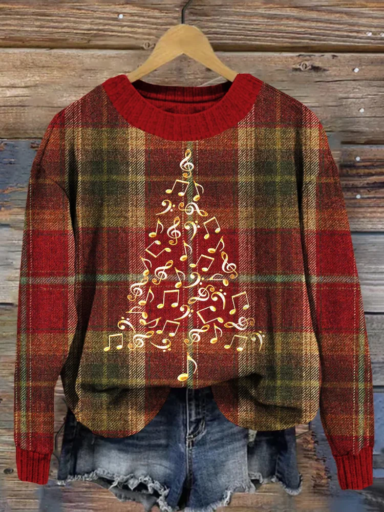 Christmas Tree with Music Notes Vintage Plaid Sweater