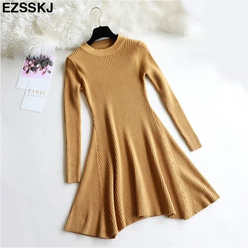 chic Autumn Winter black Sweater Dress Women o-neck Long Sleeve A Line thick Knit mini Dress female girl short bodycon dress