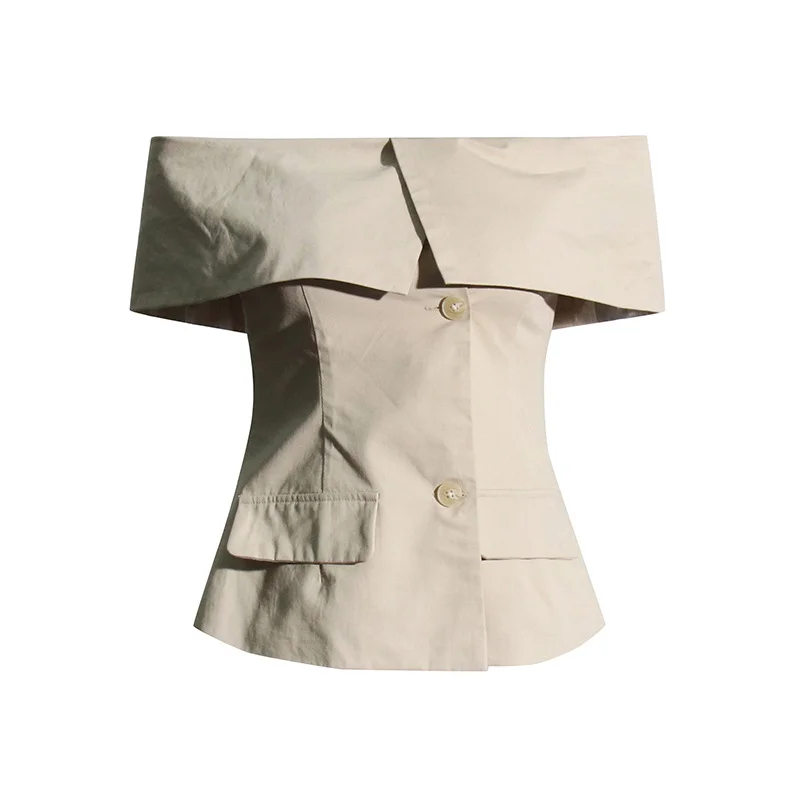 Toloer Toloer Socialite Light Ripe Wind Autumn 2024 New One-Line Collar Open Shoulder Splicing Design Slim Suit Jacket-Outfit Ideas