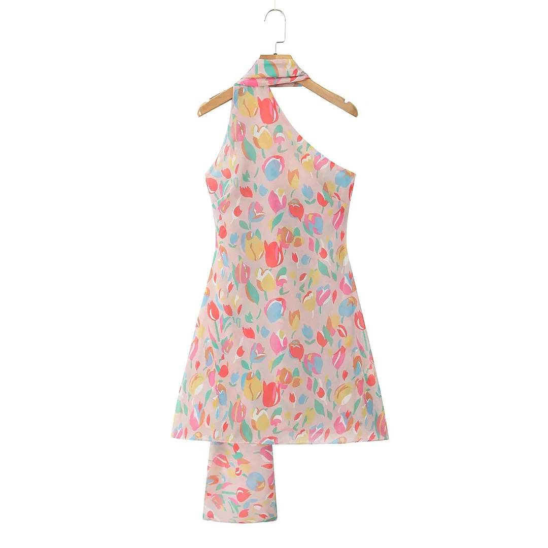 Toloer Printed Scarf Halter Strap Mini Dress-Outfit Ideas