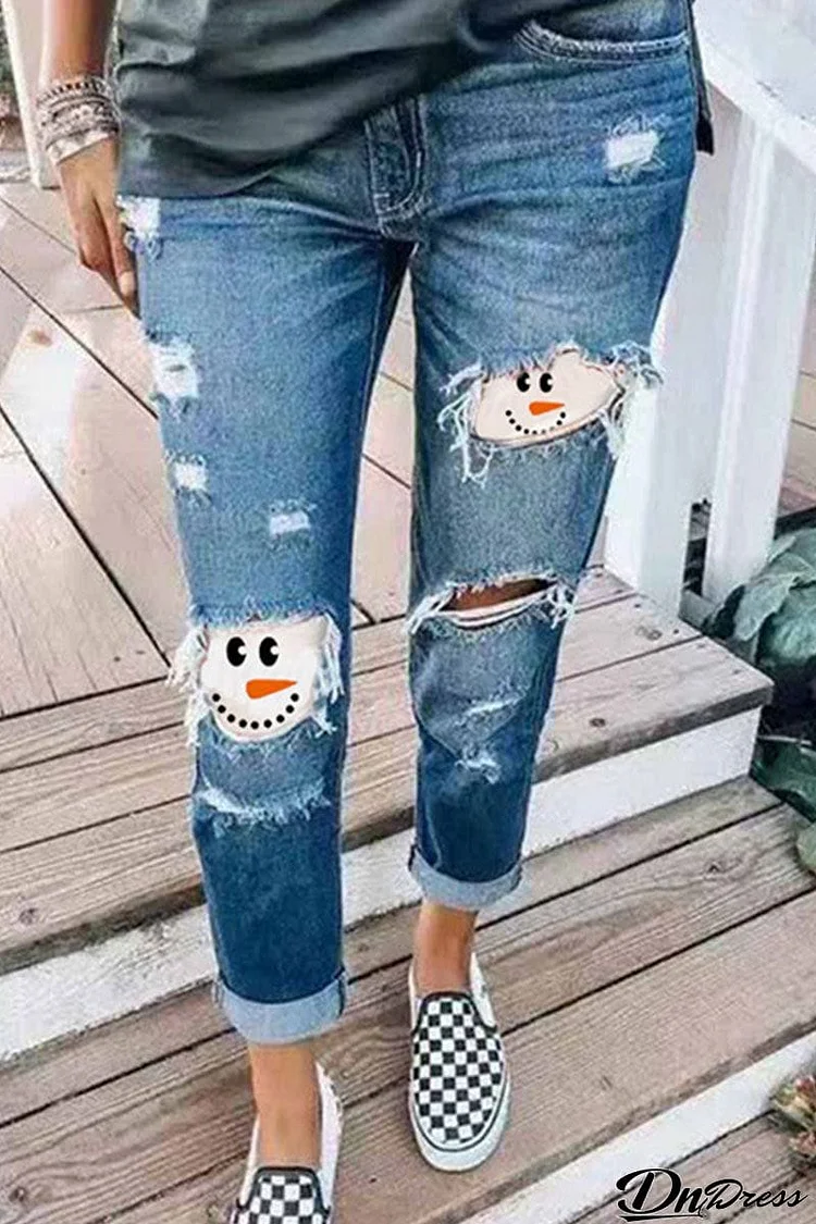 Fashion Sexy Print Ripped Patchwork Mid Waist Straight Denim