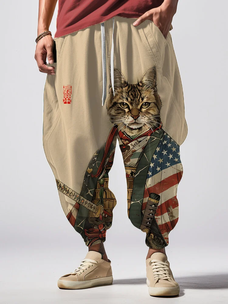 Men's Retro American Flag Cat Samurai Print Loose Drawstring Waist Sweatpants