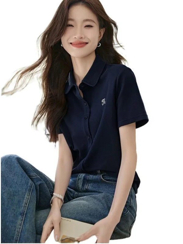 Athvotar Athvotar Embroidered Comfortable Shirt For Summer 2025 Light And Casual Polo Collar Beaded Knitted Shirt For Women