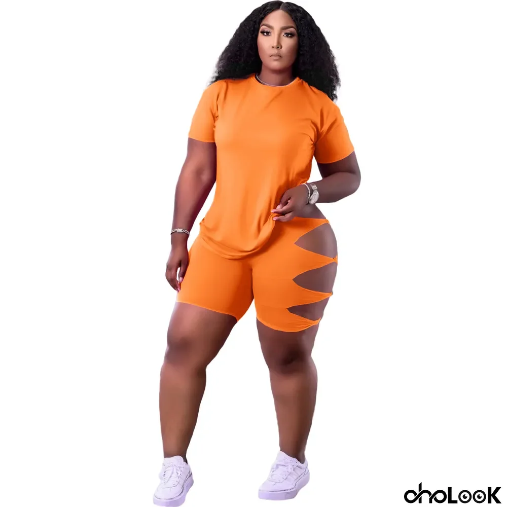 Plus Size Solid T Shirt Hole Shorts Two Piece Suits