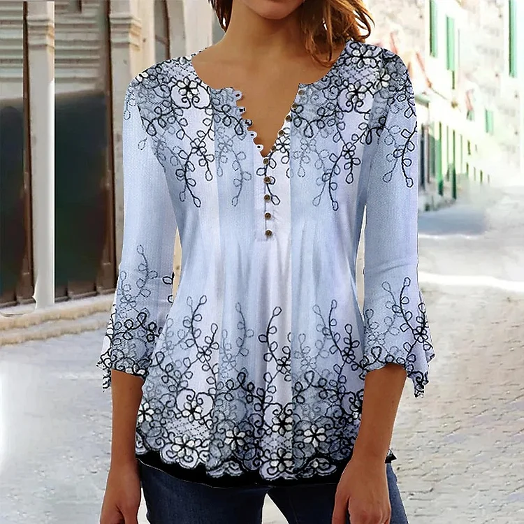 Floral Print V-Neck 3/4-Sleeve T-Shirt