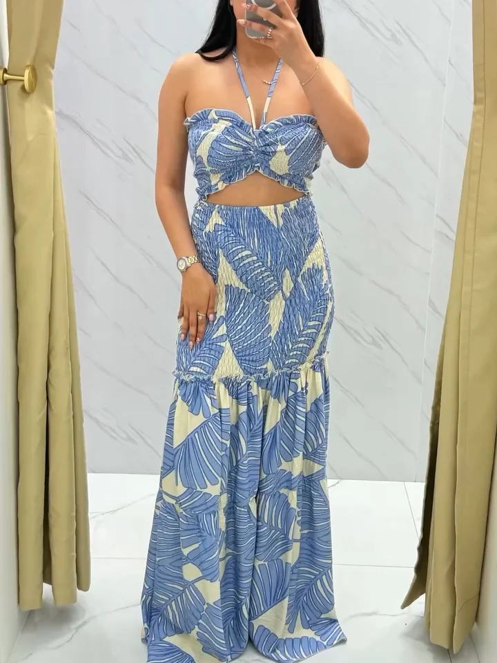 Blue Floral Cutout Pleated Bodycon Dress