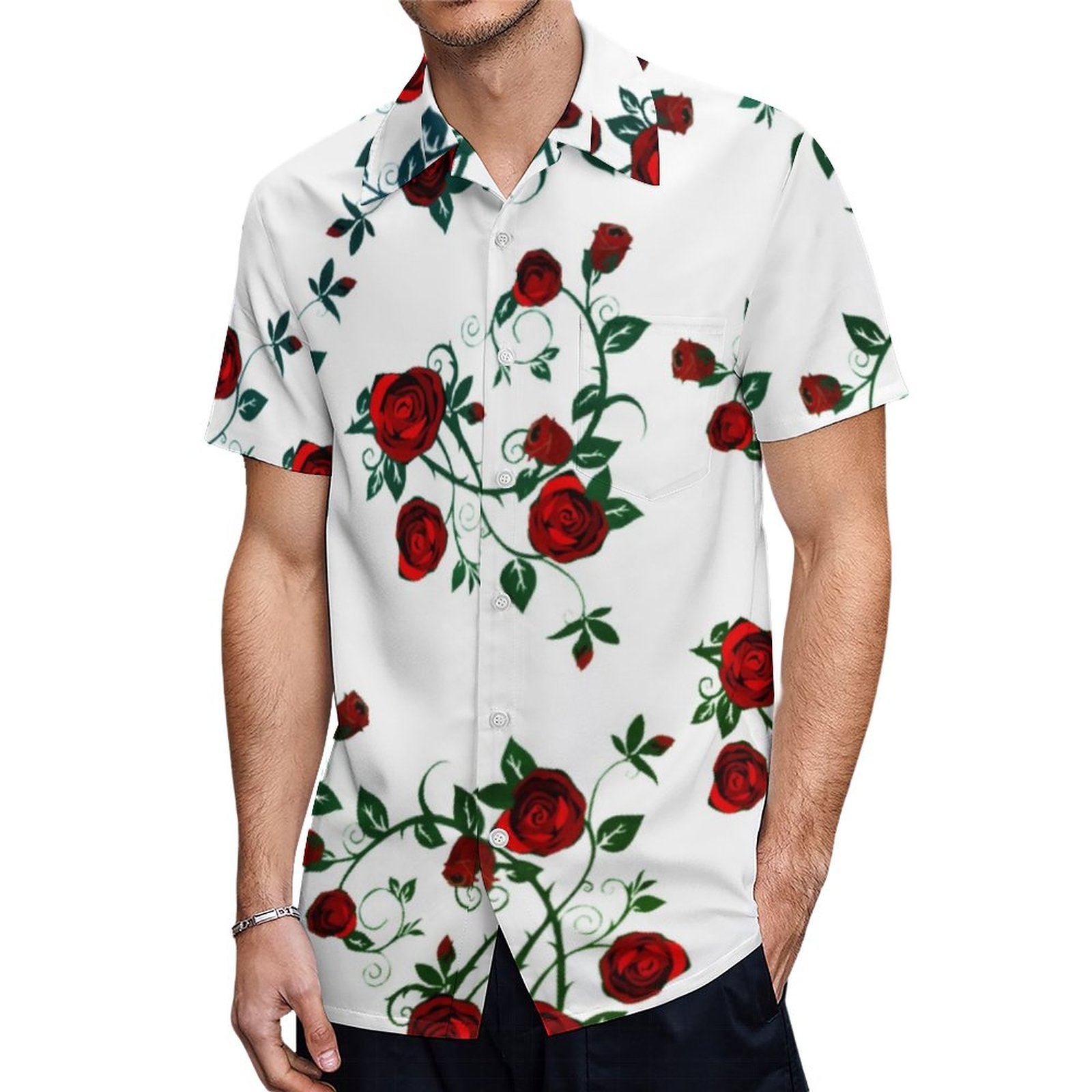 Red Roses At White Floral Vector Pattern V2 Hawaiian Shirt Mens Button Down Tropical Hawaii Beach Shirts