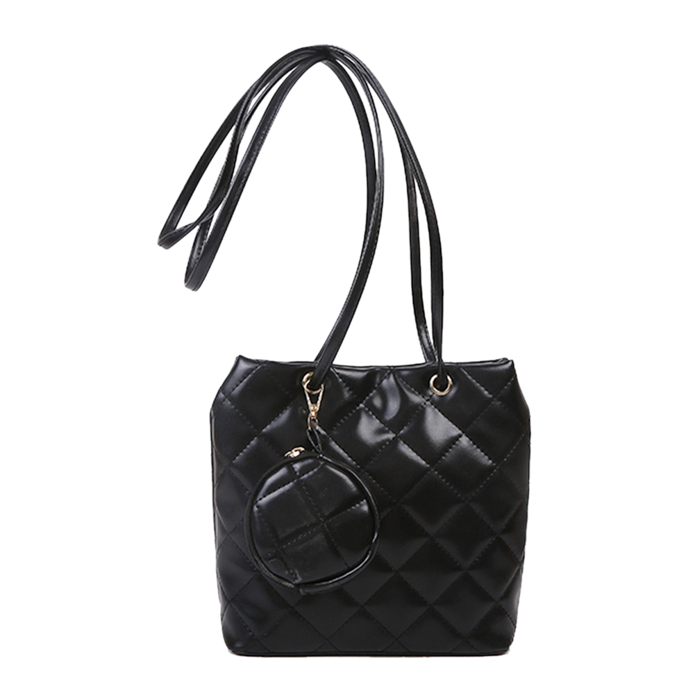 

Women Casual Solid Handbag Lattice Pattern PU Bucket Shoulder Bag, Black, 501 Original