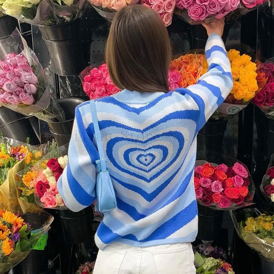 Heart Striped Sweaters Women Y2K Aesthetics Sweater E-girl Sweet Pullovers Long Sleeve Hot Green Sweater 90s Teens Knitwear