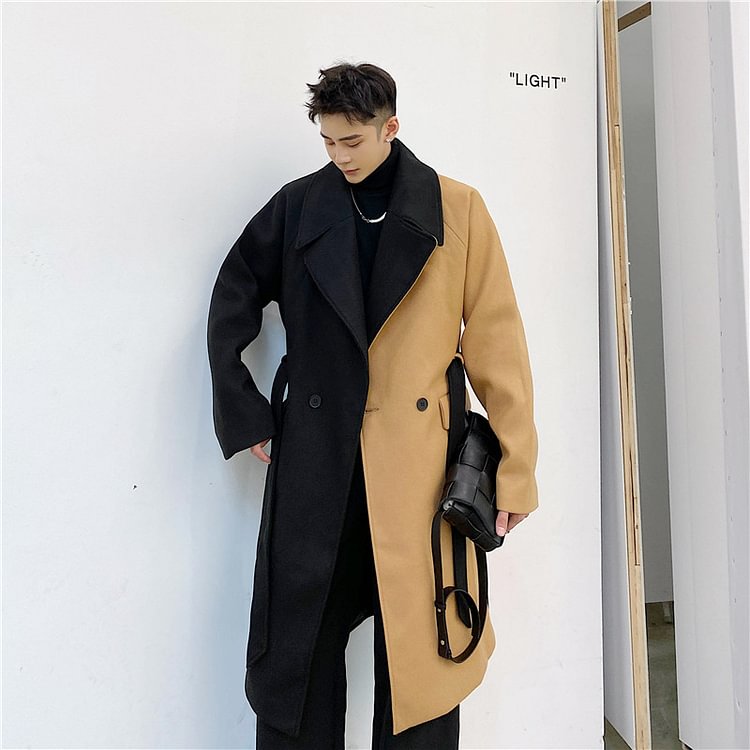Dawfashion-Korean Color Block Wool Over The Knee Long Coat-Yamamoto Diablo Clothing