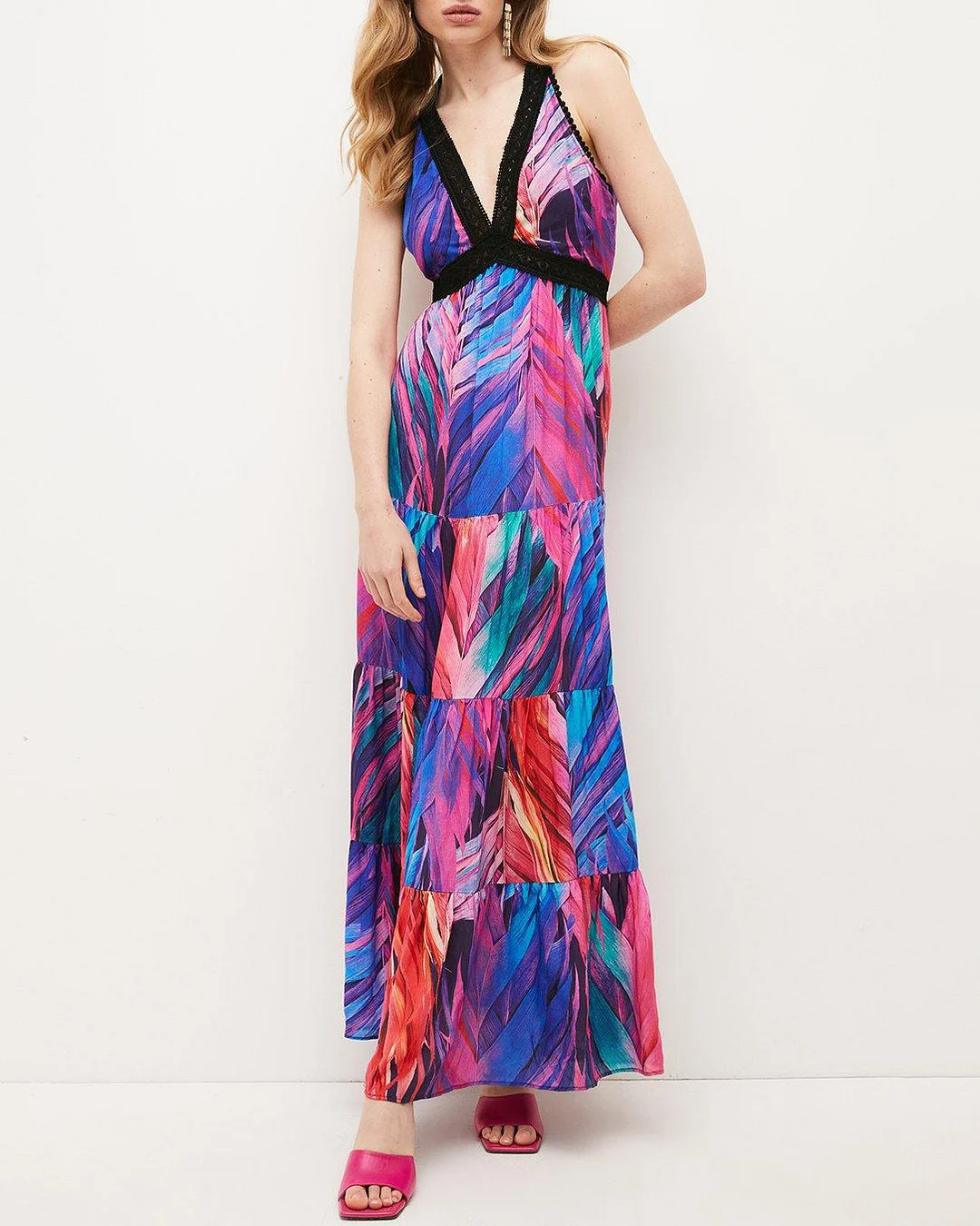Women's V-Neck Sleeveless Lace Patchwork Print Dress