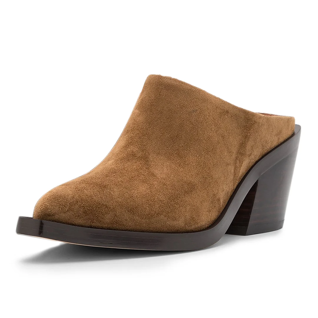 Vintage Brown Faux Suede Snip Toe Block Heel Mules for Women