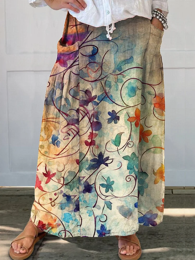 Women's  Floral  Print  Linen Pocket Skirt