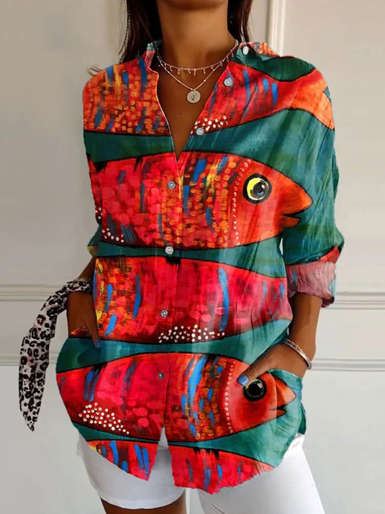 Women's  Fish  Art Print Casual Cotton Shirt
