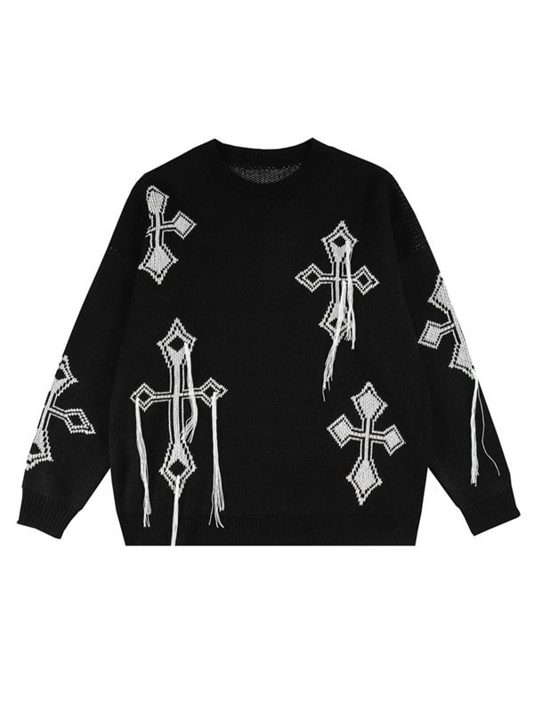 Goth Cross Intarsia Fringed Color Block Loose Sweater