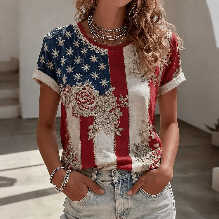 Women's Independent Flower Floral Art Crew Neck Short Sleeve T-shirt