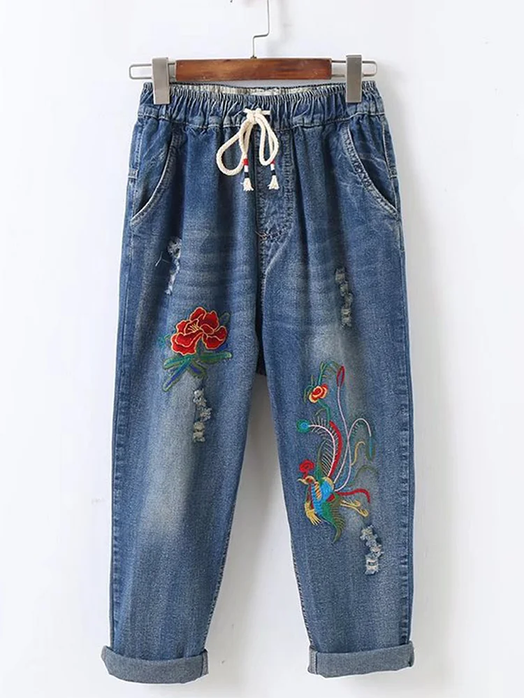 Denim Floral Embroidery Drawstring Pocket Ripped Jeans