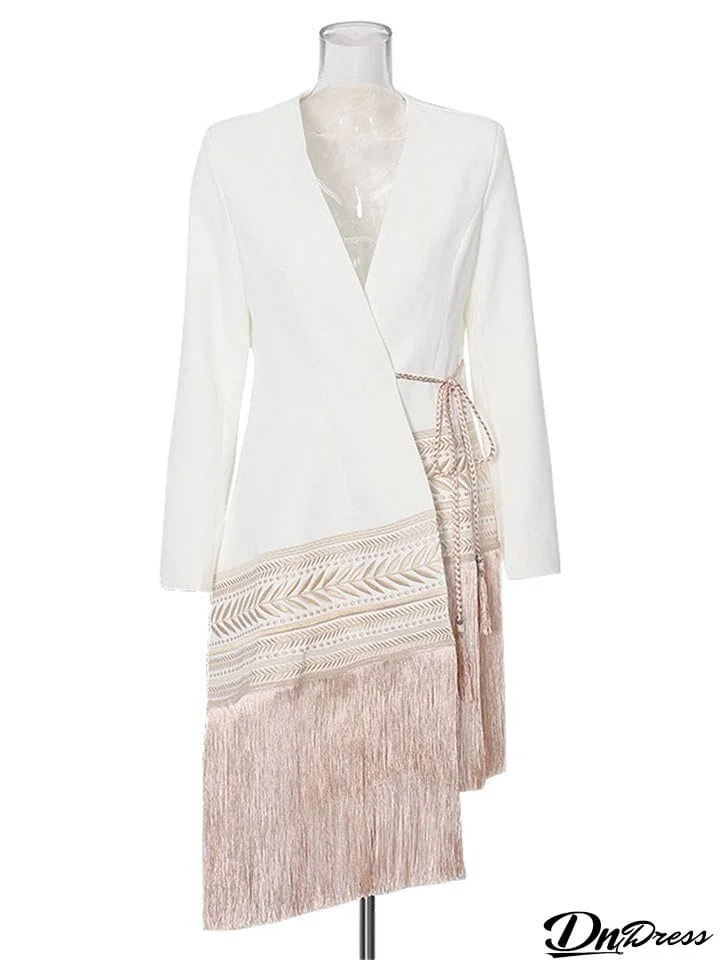 Asymmetric Design Wrap Neck Long Sleeve Waist Tie Embroidery Tassel Hem Blazer Dress