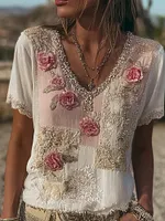 Boho Pink Floral Lace Patchwork Comfy Linen Shirt