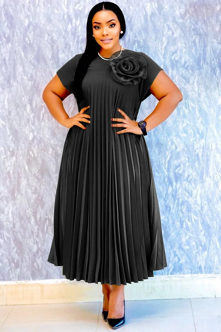 Plus Size Business Casual Black Elegant Round Neck Short Sleeve 3D Pleated Midi Dresses 2024 - Xpluswear