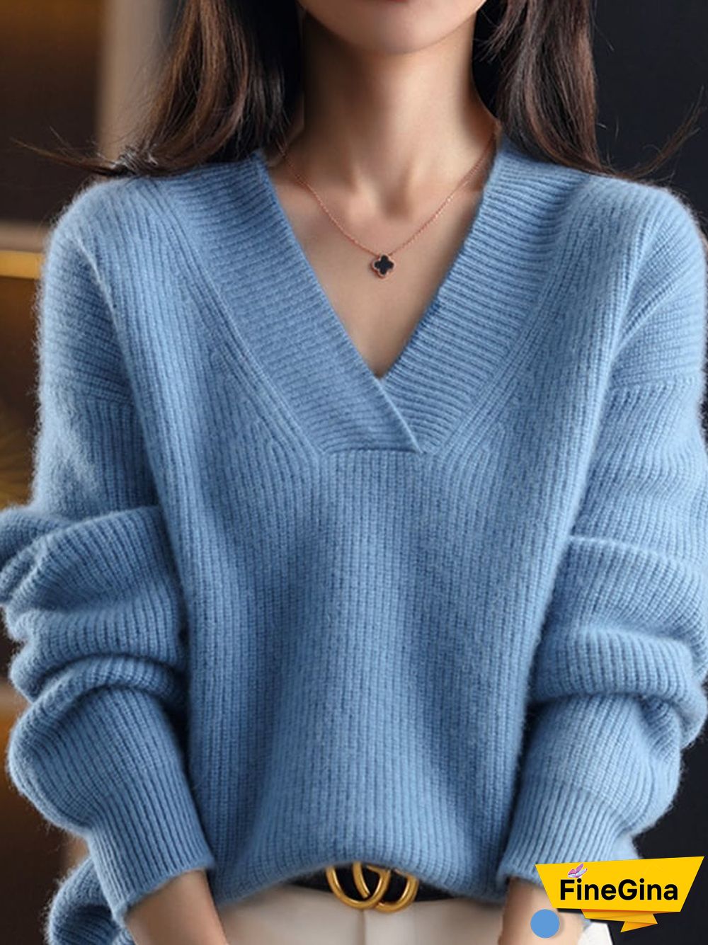 Women's Fashionable Soft And Waxy Loose V-Neck Solid Color Sweater