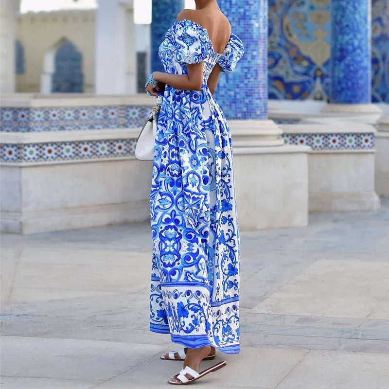 Oocharger Boho Print Long Dress For Women Fashion Puff Sleeve Slash Neck Off Shoulder Maxi Dresses 2024 Casual Holiday Beach Dress