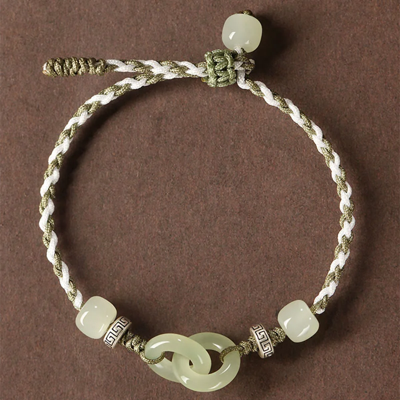 Natural Hetian Jade Peace Buckle Luck Braided Bracelet