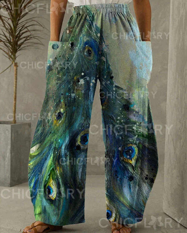 Women's Peacock Print Loose Pants 