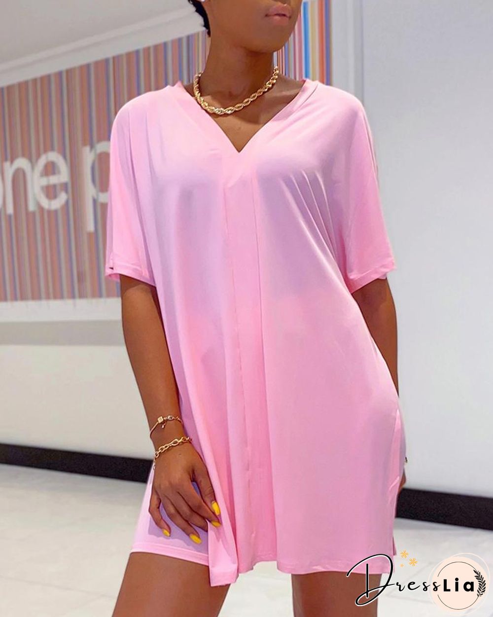 Batwing Sleeve Slit Top & High Waist Shorts Set