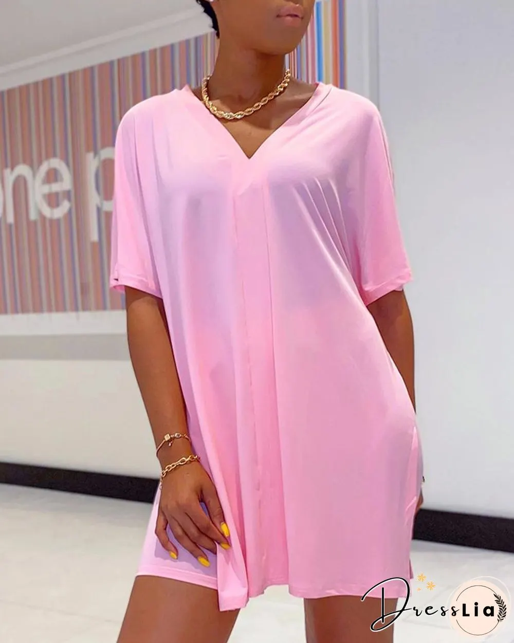 Batwing Sleeve Slit Top & High Waist Shorts Set