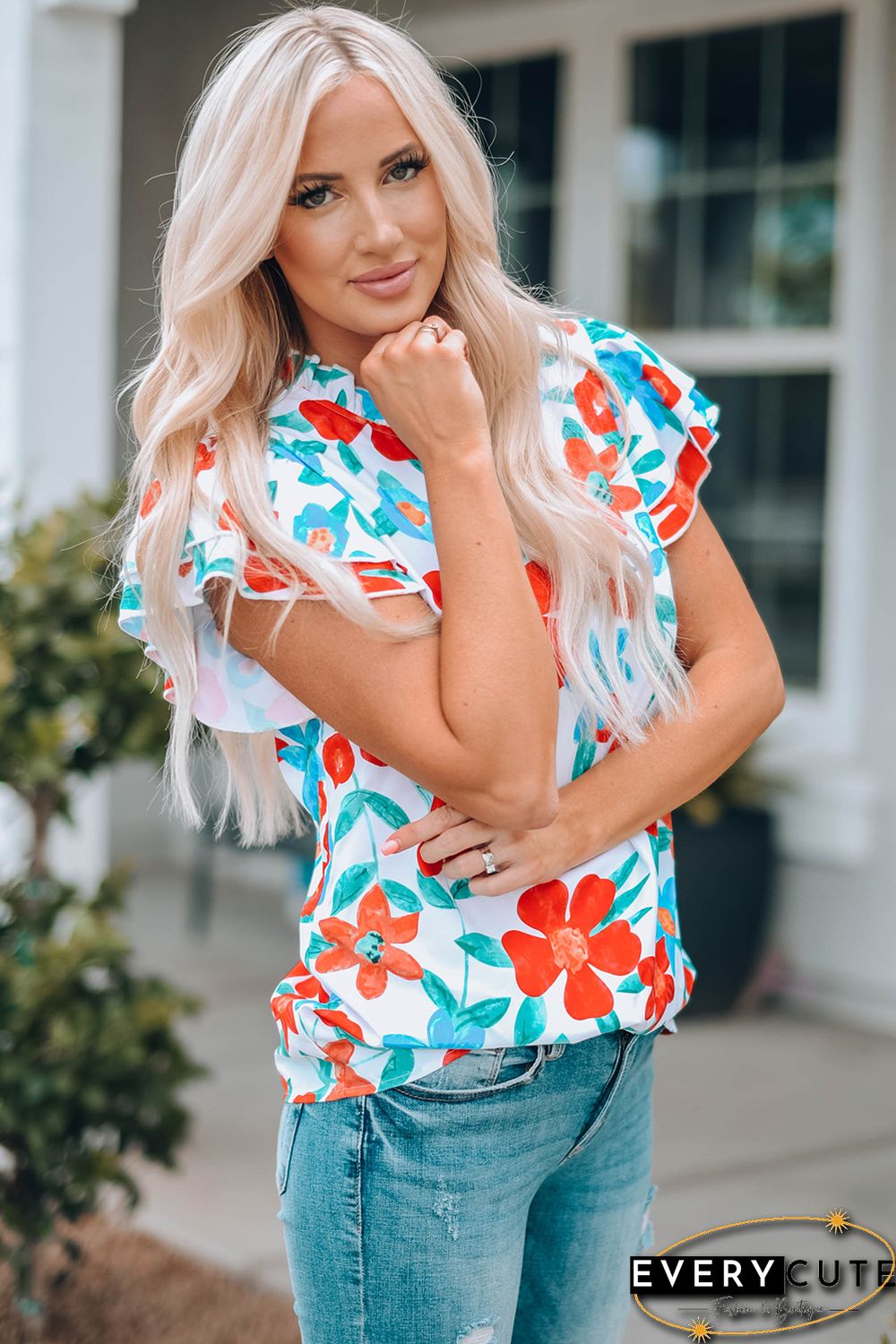White Floral Print Frilled Neck Ruffled Sleeve Top