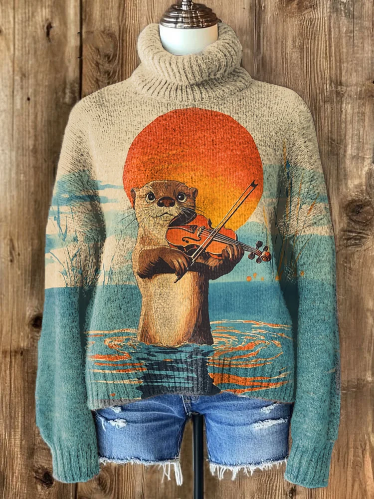 Women's Otter Playing Violin Art Print High Neck Knit Sweatshirt