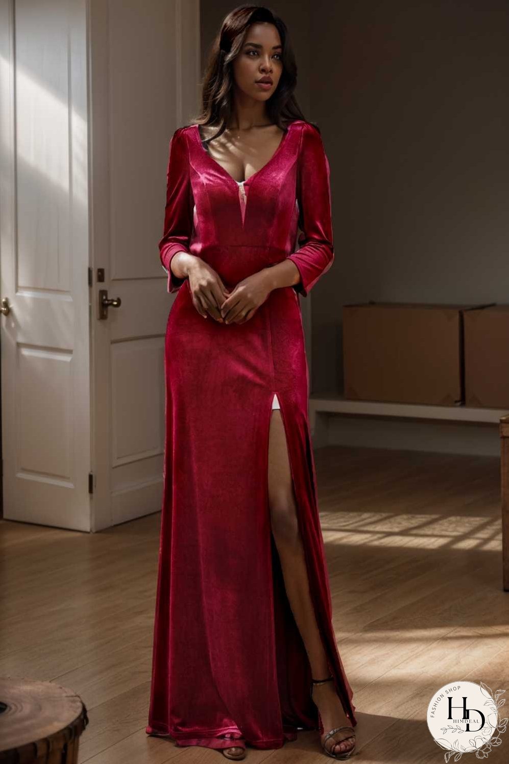 velvet 3 4 length sleeve illusion v neck front slit evening dress