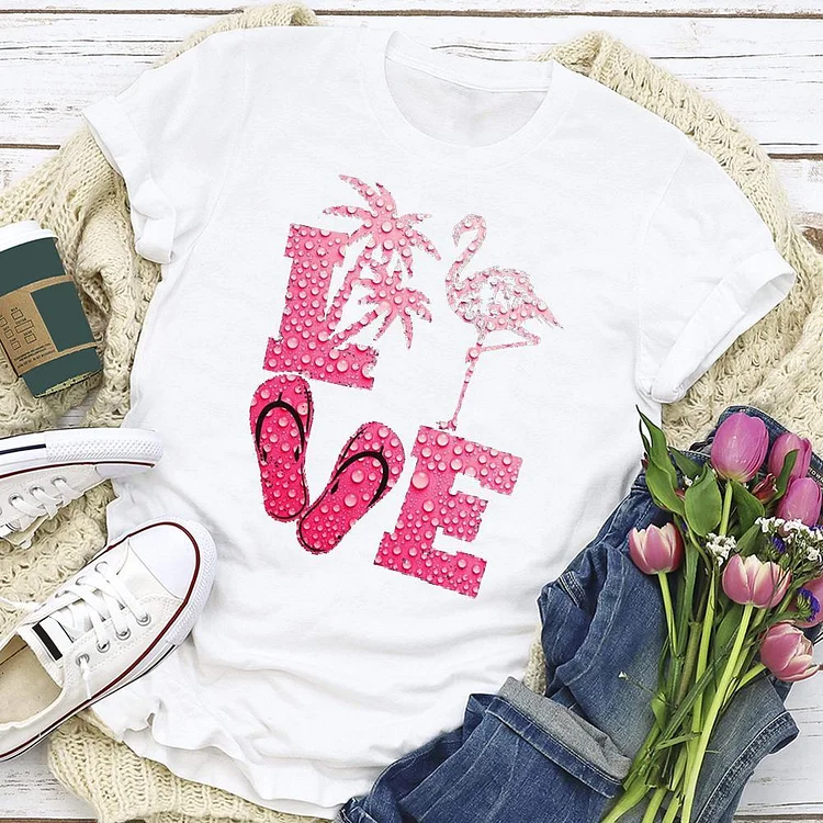 Love Flamingo Pink Rain Flip Flops Summer Holiday T-Shirt Tee --Annaletters