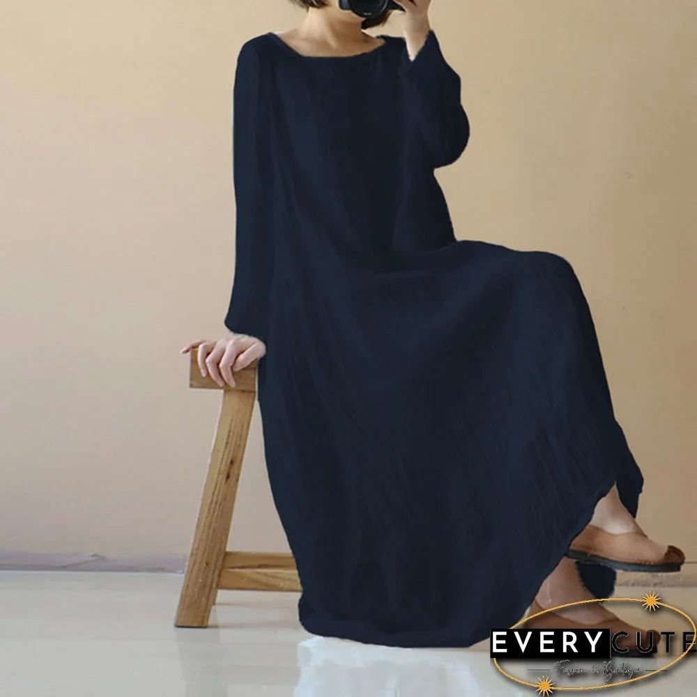 Womens Spring Light Comfy Cotton O Neck Solid Long Sleeve Long Shirt Dress Plus Size