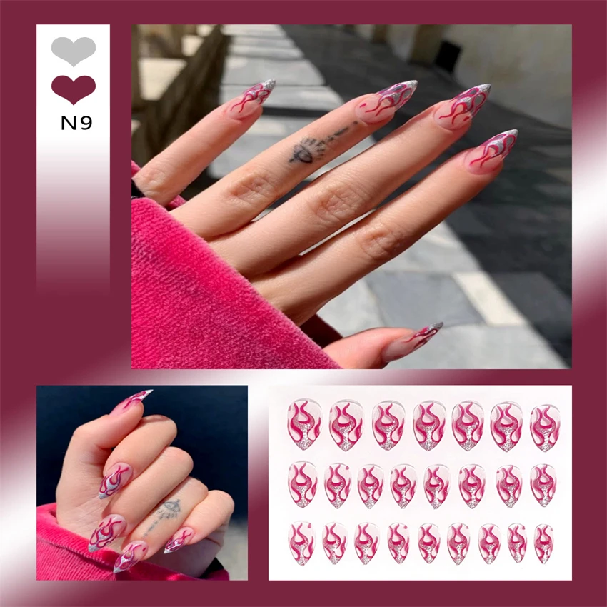 Bayuyun 24Pcs/Set Coffee Leopard French Fake Nails with Diamonds Japan Korean Artificial Acrylic Press on Nails Removable Stick on Nails