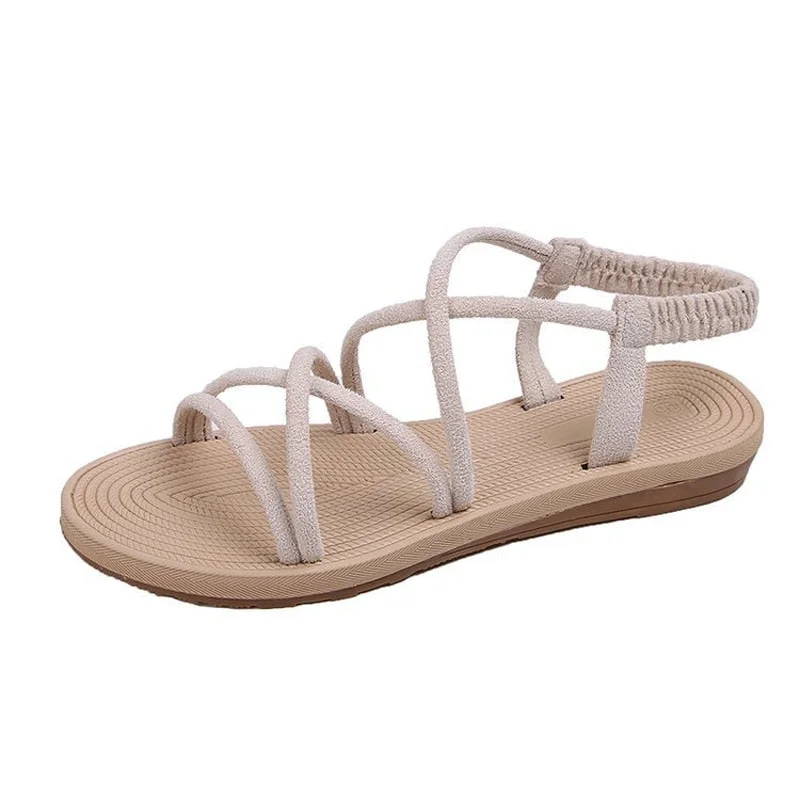 Women Sandals Ankle Elastic Band Cross-tied Hollow Out Flat 2021 Summer Beach Fashion Casual Roman Gladiator Ladies Black Shoes