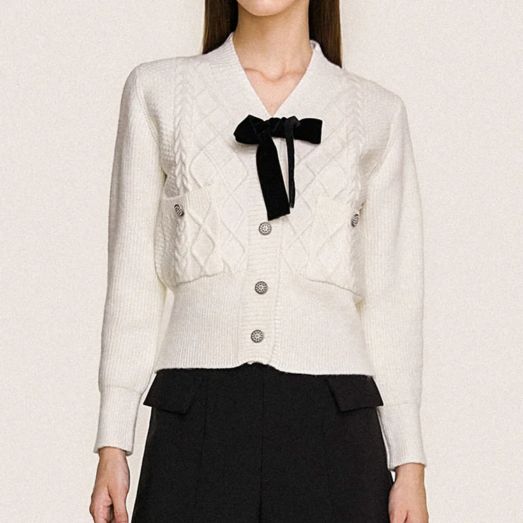 White Bow Detail Button-Up Cardigan QueenFunky