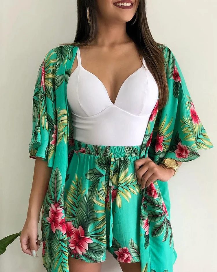 Tropical Print Half Sleeve Cover Up & Short Sets P7548670974