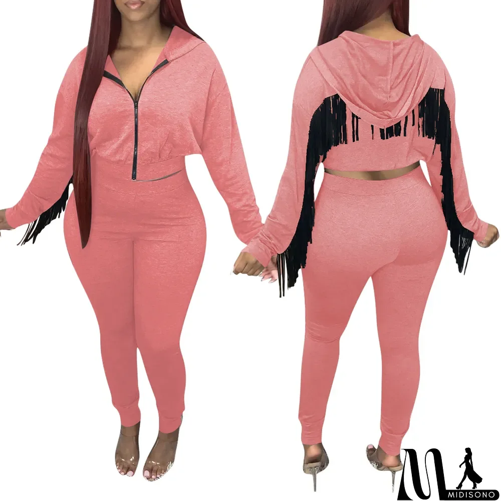 MidiSono - Women's Fringe Bat Sleeve Hooded Sports Zipper two piece Pants Set Tracksuit