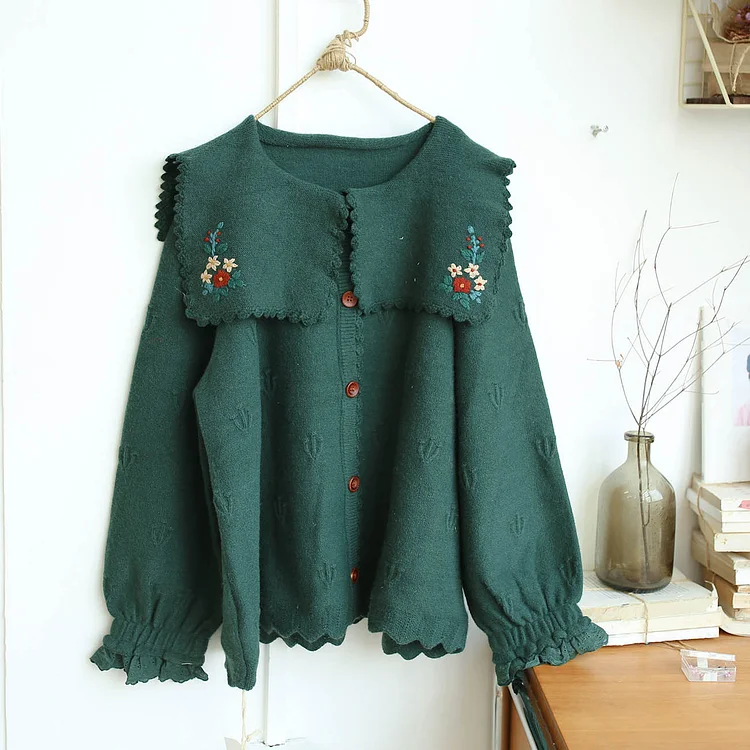 Queenfunky cottagecore style Cute Floral Embroidered Collar Cardigan QueenFunky