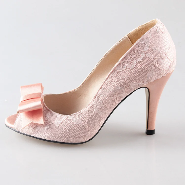 Pink Wedding Shoes Lace Heels Peep Toe Pumps with Bow |FSJ Shoes