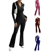 Ejimei Long Sleeve Jumpsuit Women Zipped Turn-down Collar Rompers Full Body Tight Fitting Woman Overalls Solid Ladies Flare Pants 2025