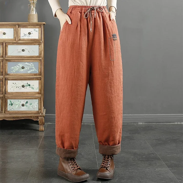 Women Retro Embroidery Linen Quilted Harem Pants