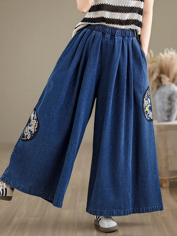 Women's Denim Embroidery Retro Loose Casual Wide Leg Pants Solid Color Straight Pants